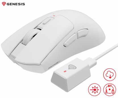 Fotografija izdelka GENESIS ZIRCON 880 PRO brezžična gaming miška, 8K, 30.000DPI, USB 2.4GHz / Bluetooth / USB Type-C, 6 gumbov, polnilna baterija, spomin, programska oprema, stekleni drsniki, bela