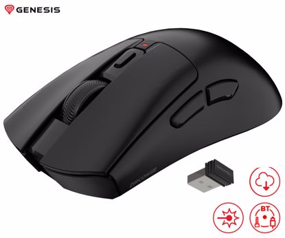Fotografija izdelka GENESIS ZIRCON 880 brezžična miška, gaming / pisarniška, 12.000DPI, USB 2.4GHz / Bluetooth / USB Type-C, 6 gumbov, Kailh Optical stikala, baterija, spomin, programska oprema, stekleni drsniki, črna