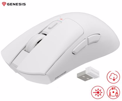 Fotografija izdelka GENESIS ZIRCON 880 brezžična miška, gaming / pisarniška, 12.000DPI, USB 2.4GHz / Bluetooth / USB Type-C, 6 gumbov, baterija, spomin, programska oprema, stekleni drsniki, bela