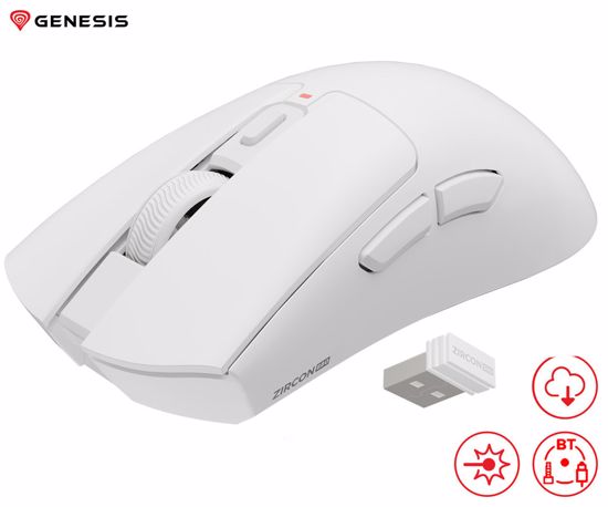 Fotografija izdelka GENESIS ZIRCON 880 brezžična miška, gaming / pisarniška, 12.000DPI, USB 2.4GHz / Bluetooth / USB Type-C, 6 gumbov, baterija, spomin, programska oprema, stekleni drsniki, bela